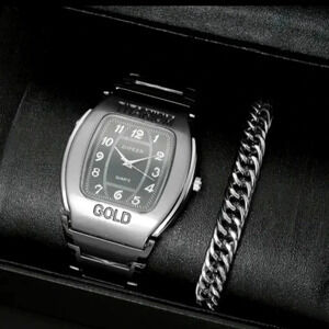 Men's Barrel-shaped Square Bezel Business Casual Quartz Watch + 1 Alloy Bracelet